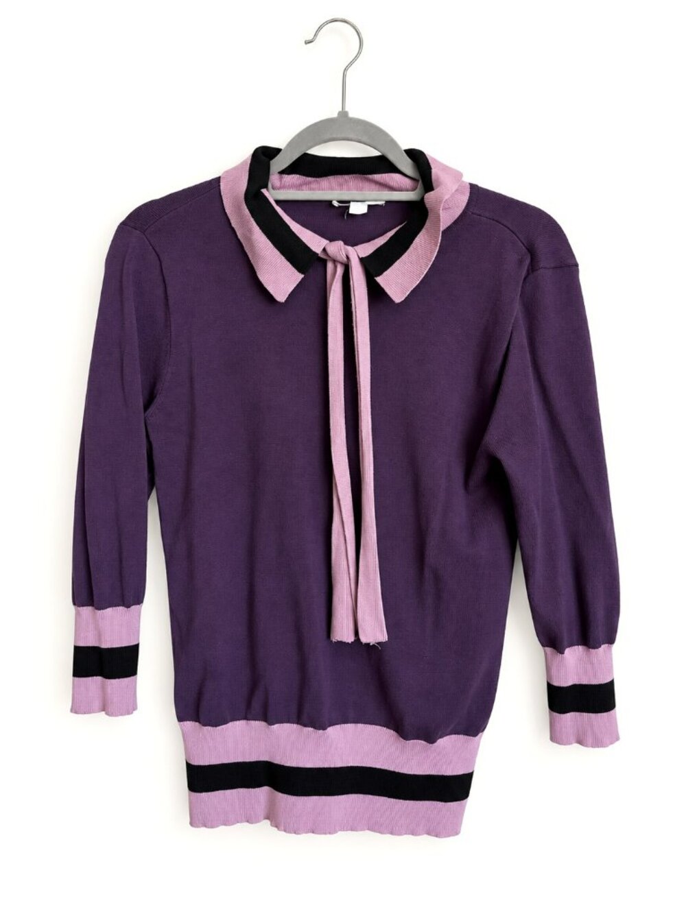 New York & Company Purple Striped Tie Neck Sweater Size S